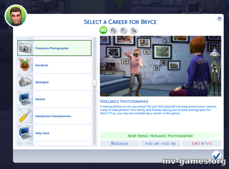 Мод Карьера — фотограф-фрилансер для The Sims 4