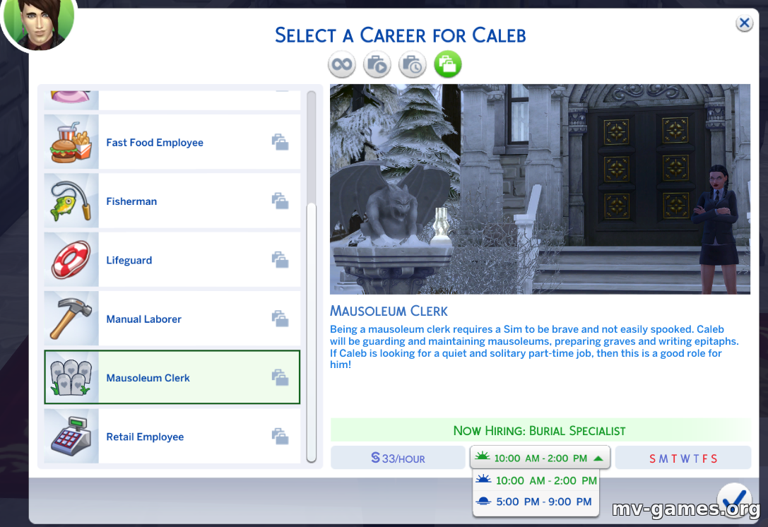 Мод Карьера работника мавзолея с карточками шанса для The Sims 4
